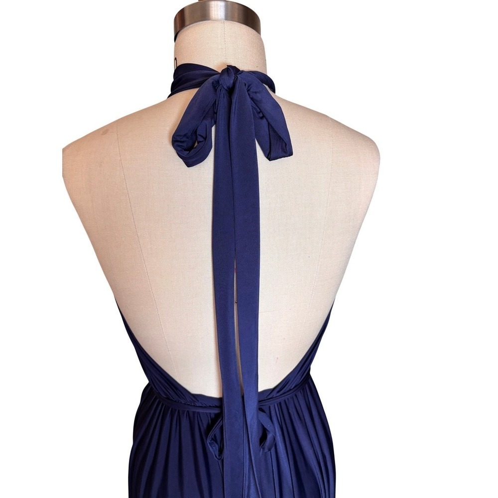 Nicole Bakti Navy Halter Maxi Dress Open Back Gold Belt Formal Gown - Picture 9 of 12